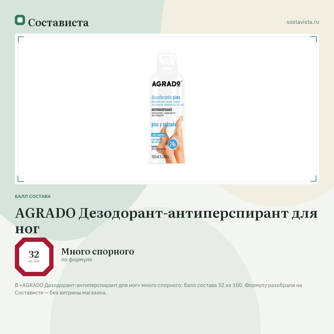 AGRADO Дезодорант-антиперспирант для ног: балл состава 32 из 100 — Состависта