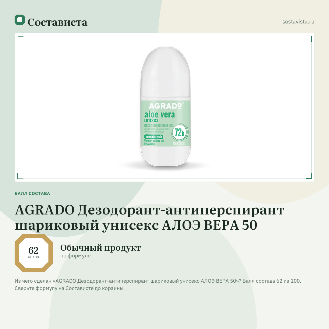 AGRADO Дезодорант-антиперспирант шариковый унисекс АЛОЭ ВЕРА 50: балл состава 62 из 100 — Состависта