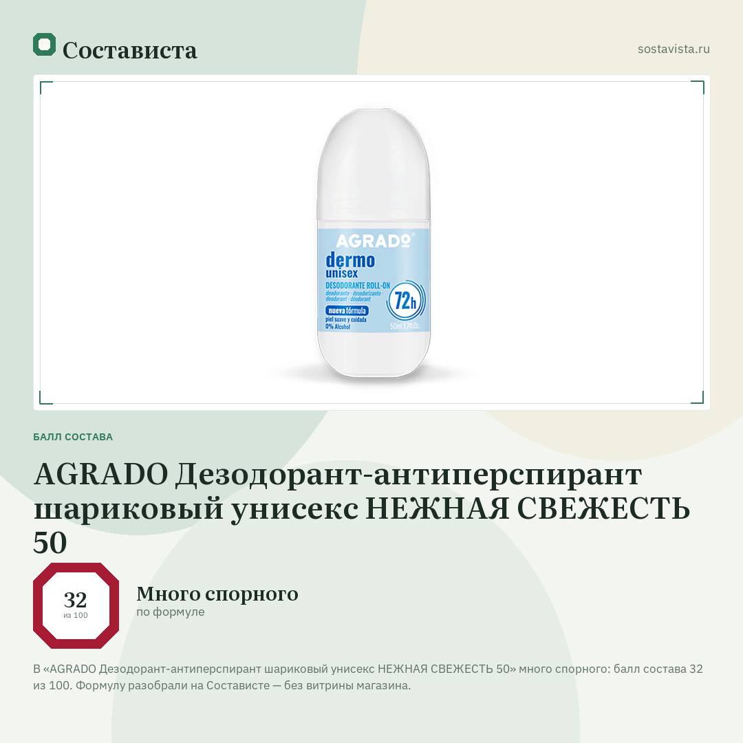 AGRADO Дезодорант-антиперспирант шариковый унисекс НЕЖНАЯ СВЕЖЕСТЬ 50: балл состава 32 из 100 — Состависта