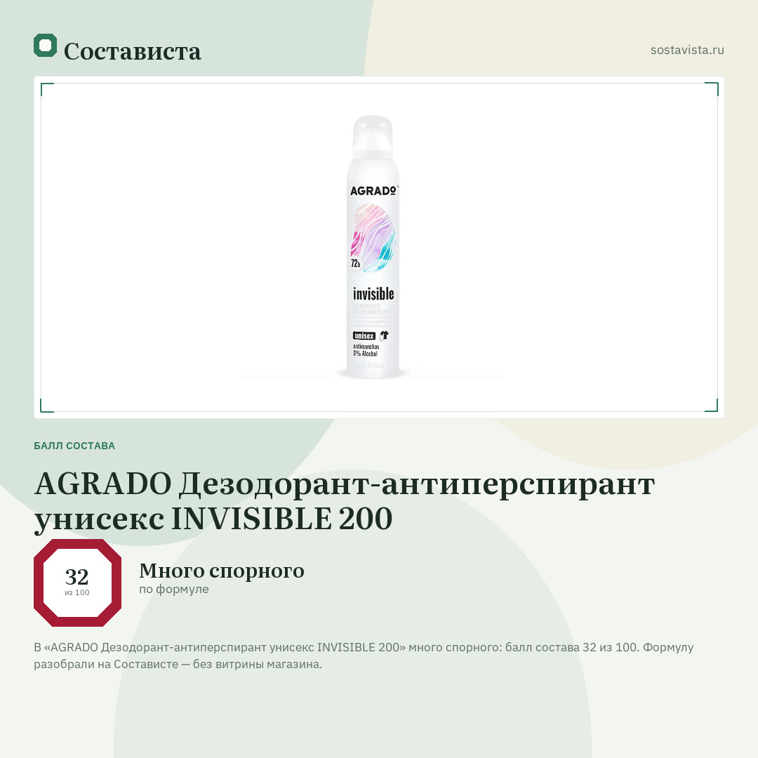 AGRADO Дезодорант-антиперспирант унисекс INVISIBLE 200: балл состава 32 из 100 — Состависта