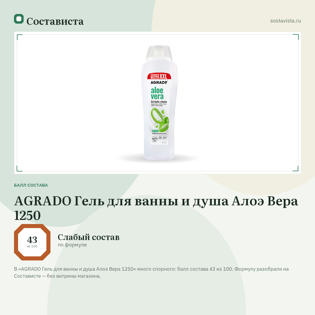 AGRADO Гель для ванны и душа Алоэ Вера 1250: балл состава 43 из 100 — Состависта