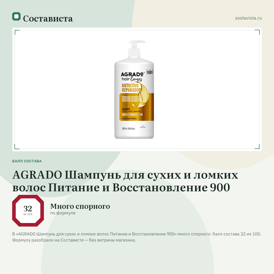 AGRADO Шампунь для сухих и ломких волос Питание и Восстановление 900: балл состава 32 из 100 — Состависта