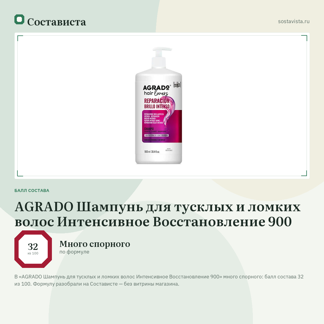 AGRADO Шампунь для тусклых и ломких волос Интенсивное Восстановление 900: балл состава 32 из 100 — Состависта