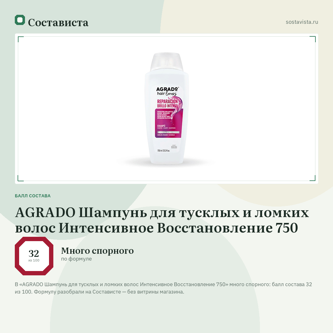 AGRADO Шампунь для тусклых и ломких волос Интенсивное Восстановление 750: балл состава 32 из 100 — Состависта