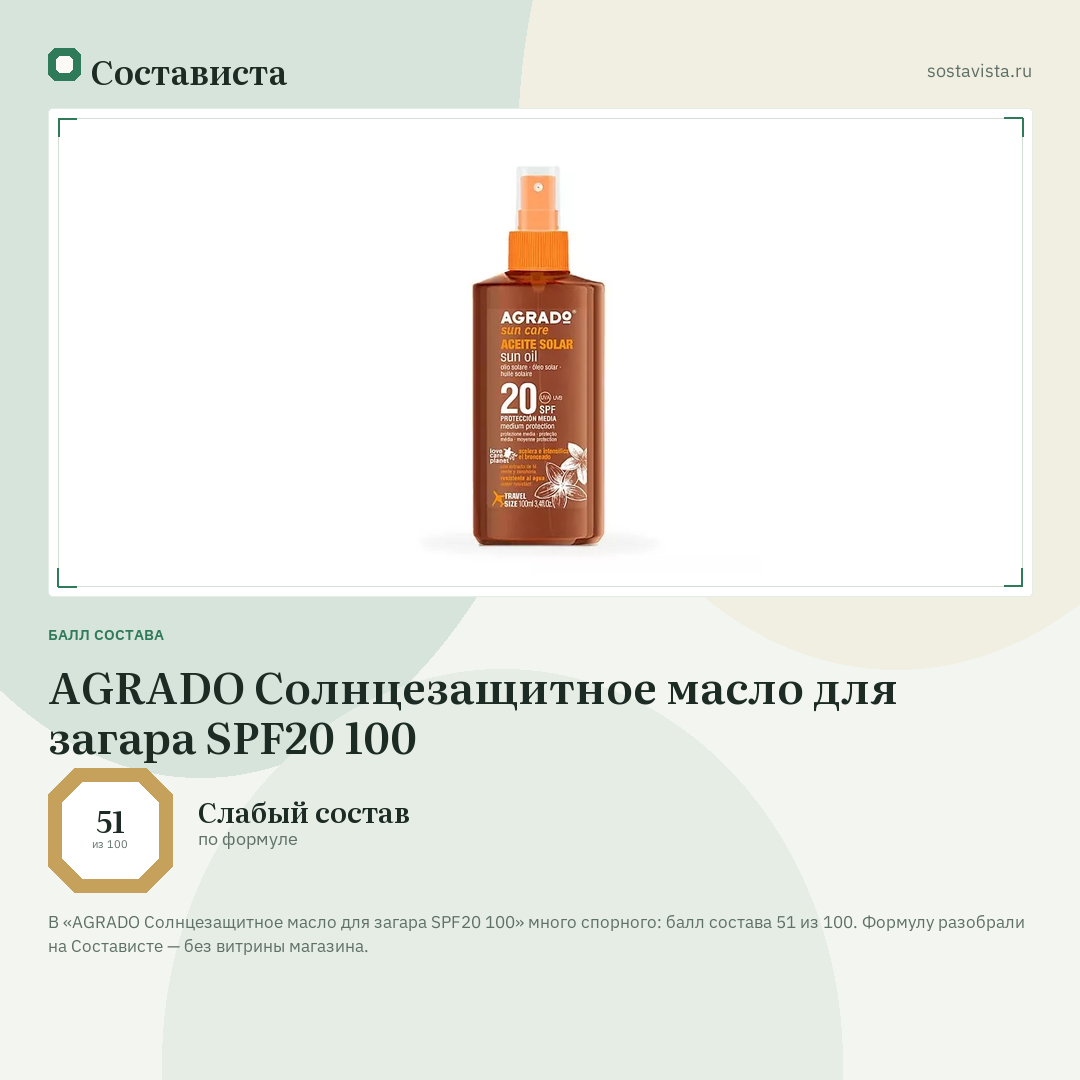 AGRADO Солнцезащитное масло для загара SPF20 100: балл состава 51 из 100 — Состависта