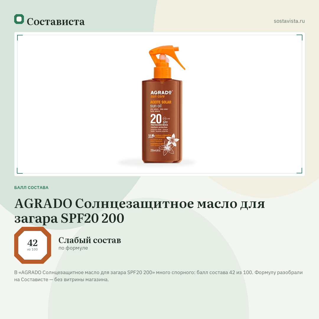 AGRADO Солнцезащитное масло для загара SPF20 200: балл состава 42 из 100 — Состависта