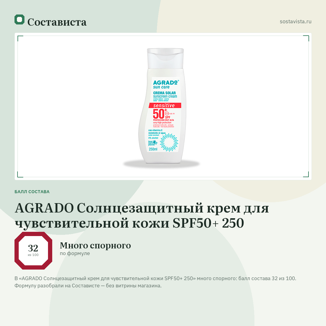 AGRADO Солнцезащитный крем для чувствительной кожи SPF50+ 250: балл состава 32 из 100 — Состависта