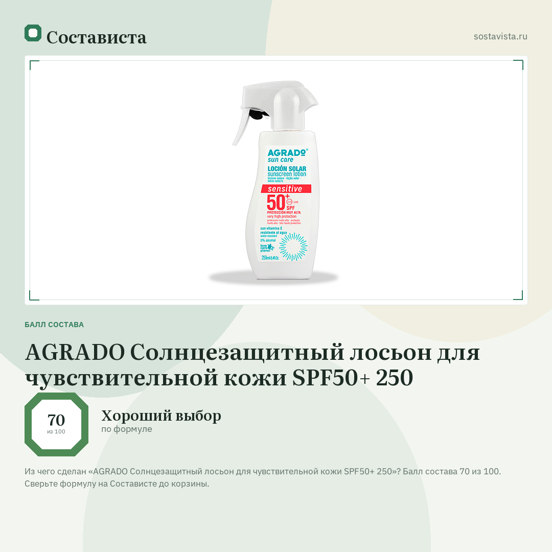 AGRADO Солнцезащитный лосьон для чувствительной кожи SPF50+ 250: балл состава 70 из 100 — Состависта