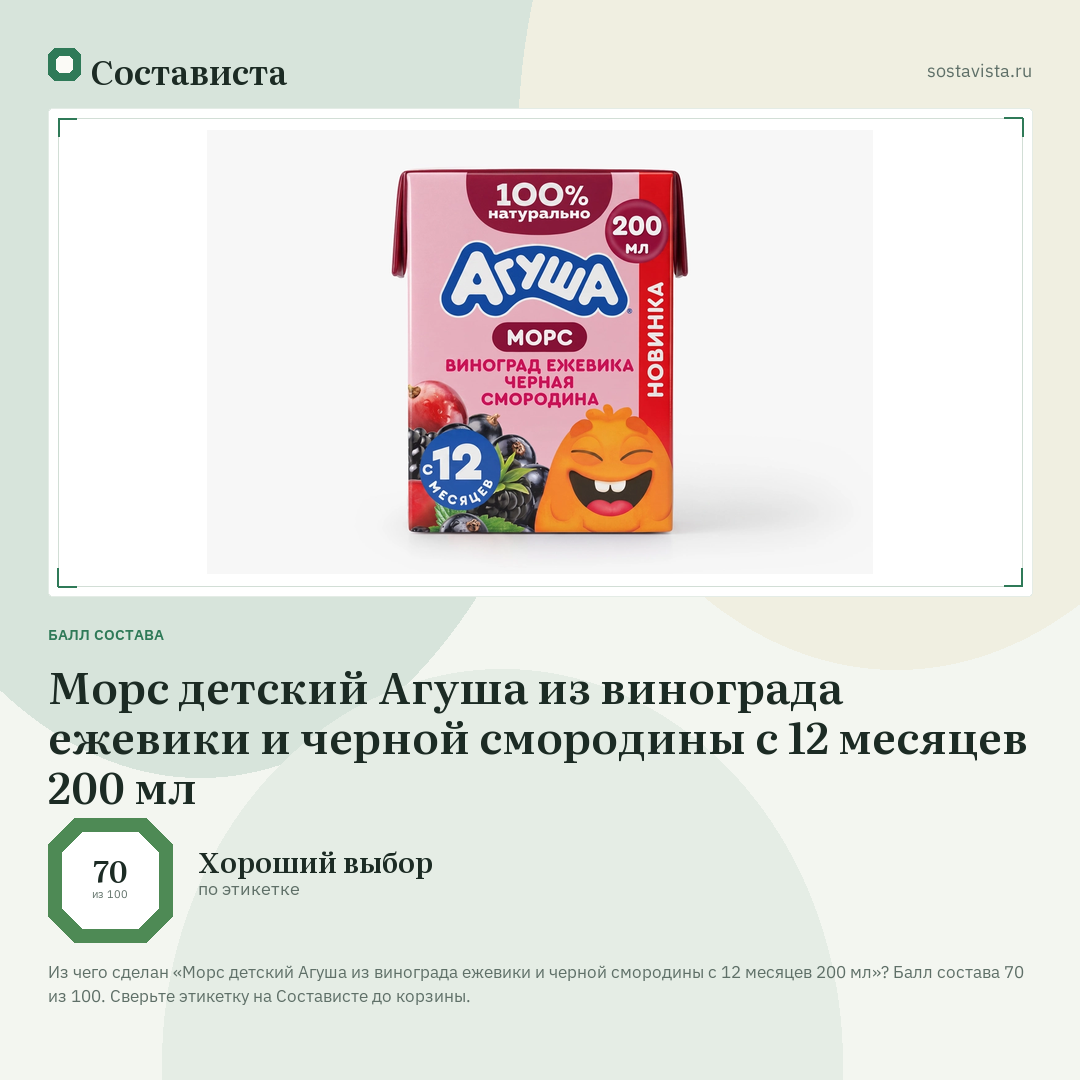 Морс детский Агуша из винограда ежевики и черной смородины с 12 месяцев 200 мл: балл состава 70 из 100 — Состависта