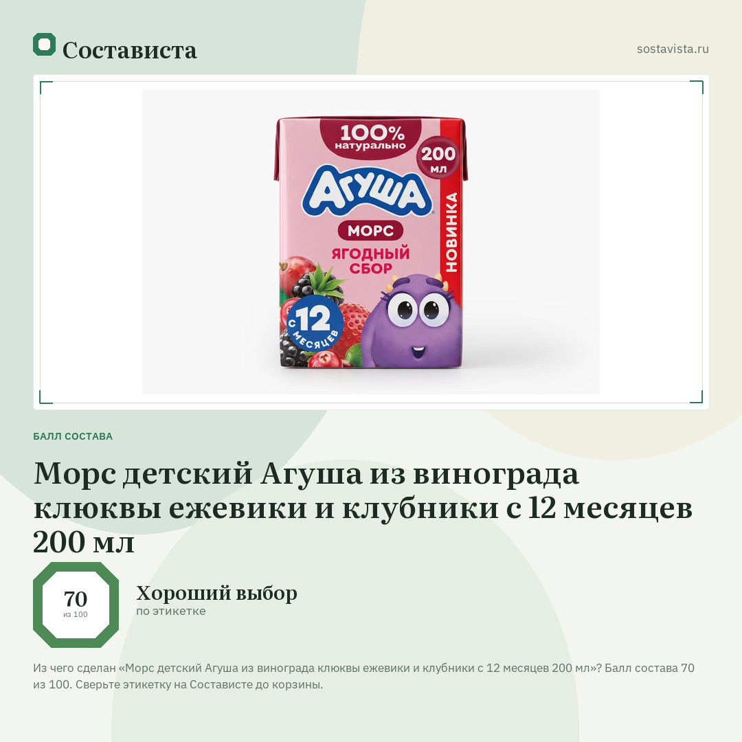 Морс детский Агуша из винограда клюквы ежевики и клубники с 12 месяцев 200 мл: балл состава 70 из 100 — Состависта