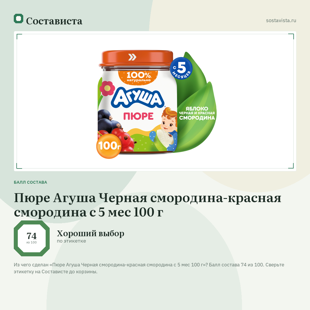 Пюре Агуша Черная смородина-красная смородина с 5 мес 100 г: балл состава 74 из 100 — Состависта