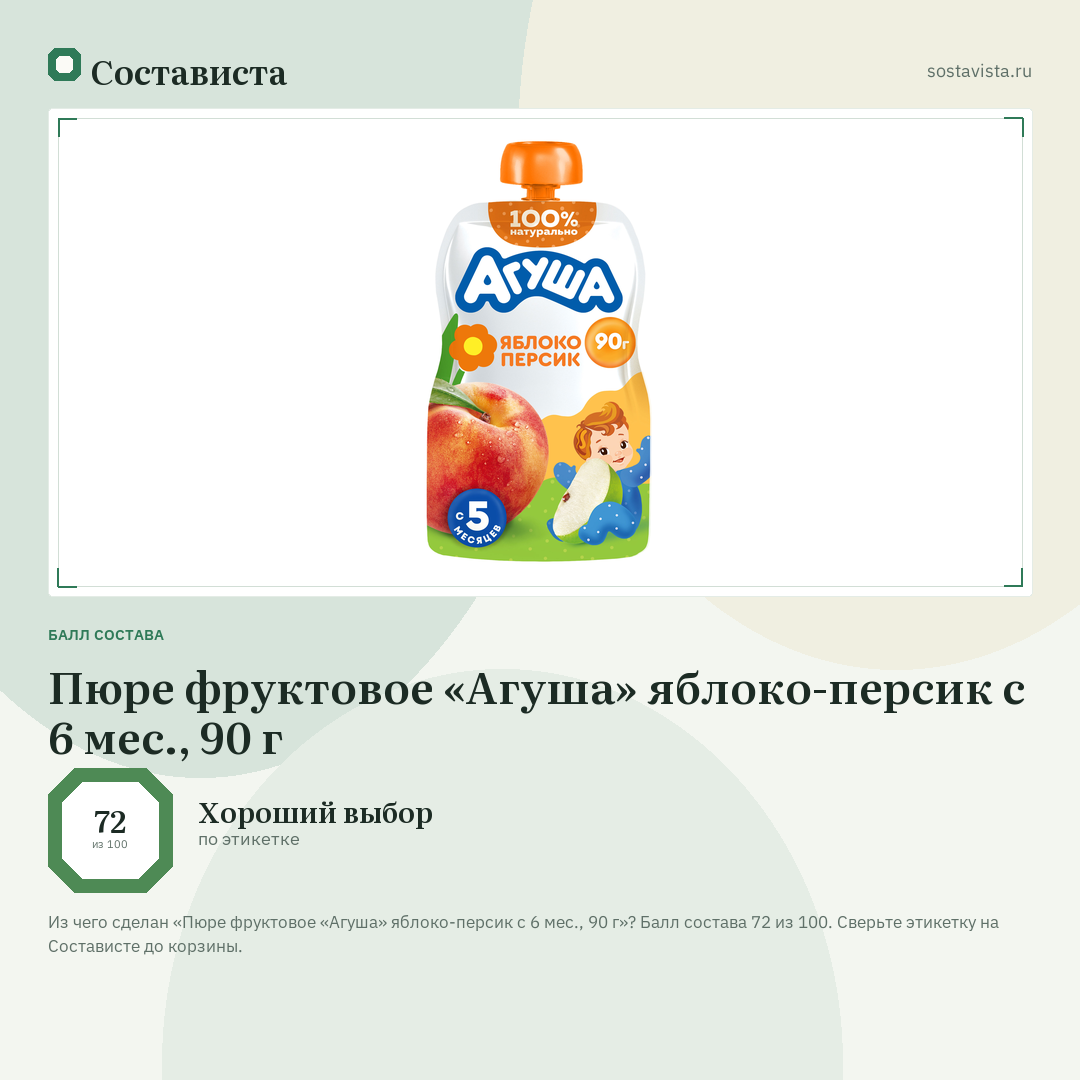 Пюре фруктовое «Агуша» яблоко-персик с 6 мес., 90 г: балл состава 72 из 100 — Состависта