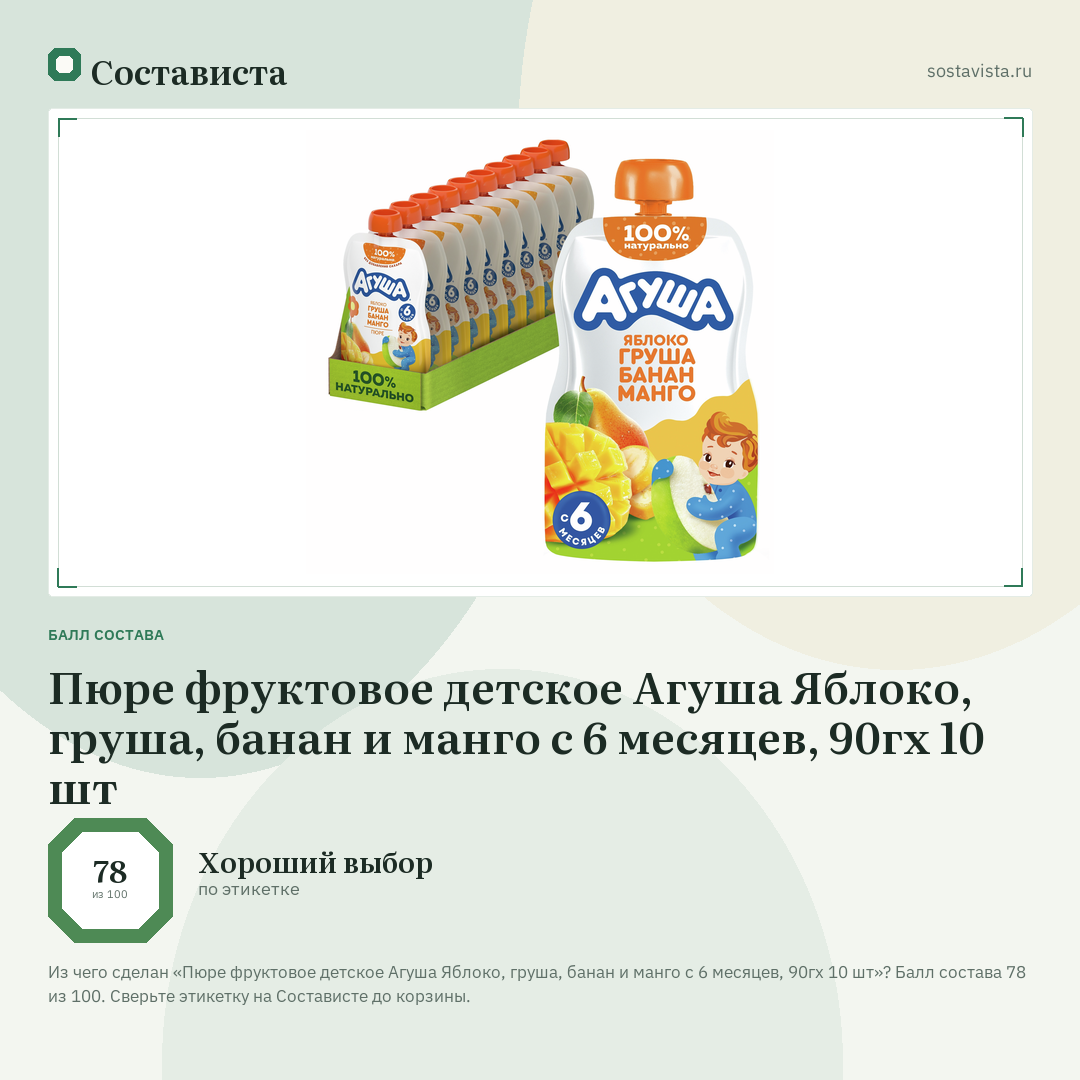 Пюре фруктовое детское Агуша Яблоко, груша, банан и манго с 6 месяцев, 90гх 10 шт: балл состава 78 из 100 — Состависта