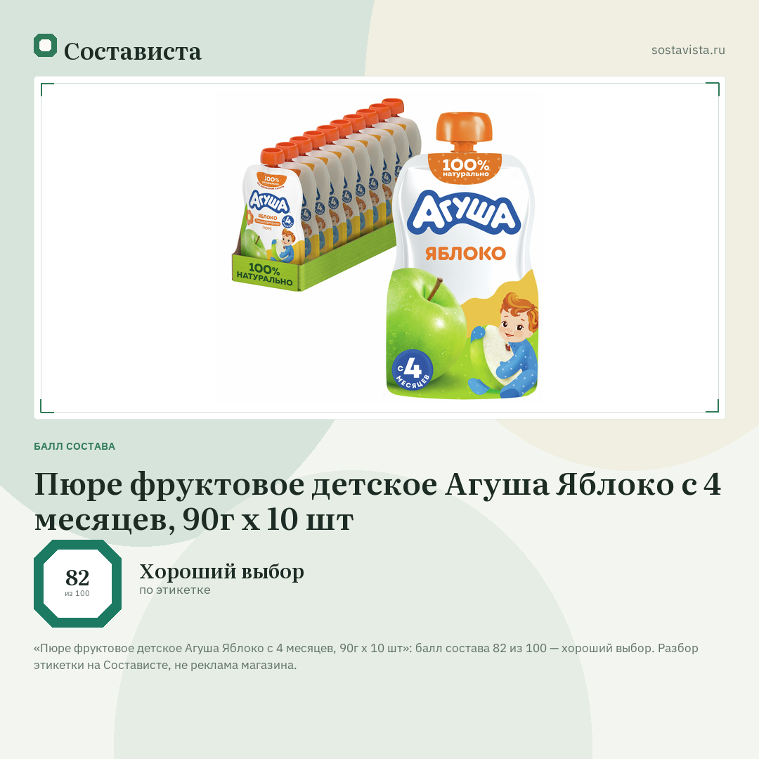 Пюре фруктовое детское Агуша Яблоко с 4 месяцев, 90г х 10 шт: балл состава 82 из 100 — Состависта