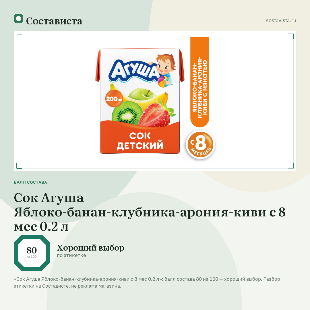 Сок Агуша Яблоко-банан-клубника-арония-киви с 8 мес 0.2 л: балл состава 80 из 100 — Состависта