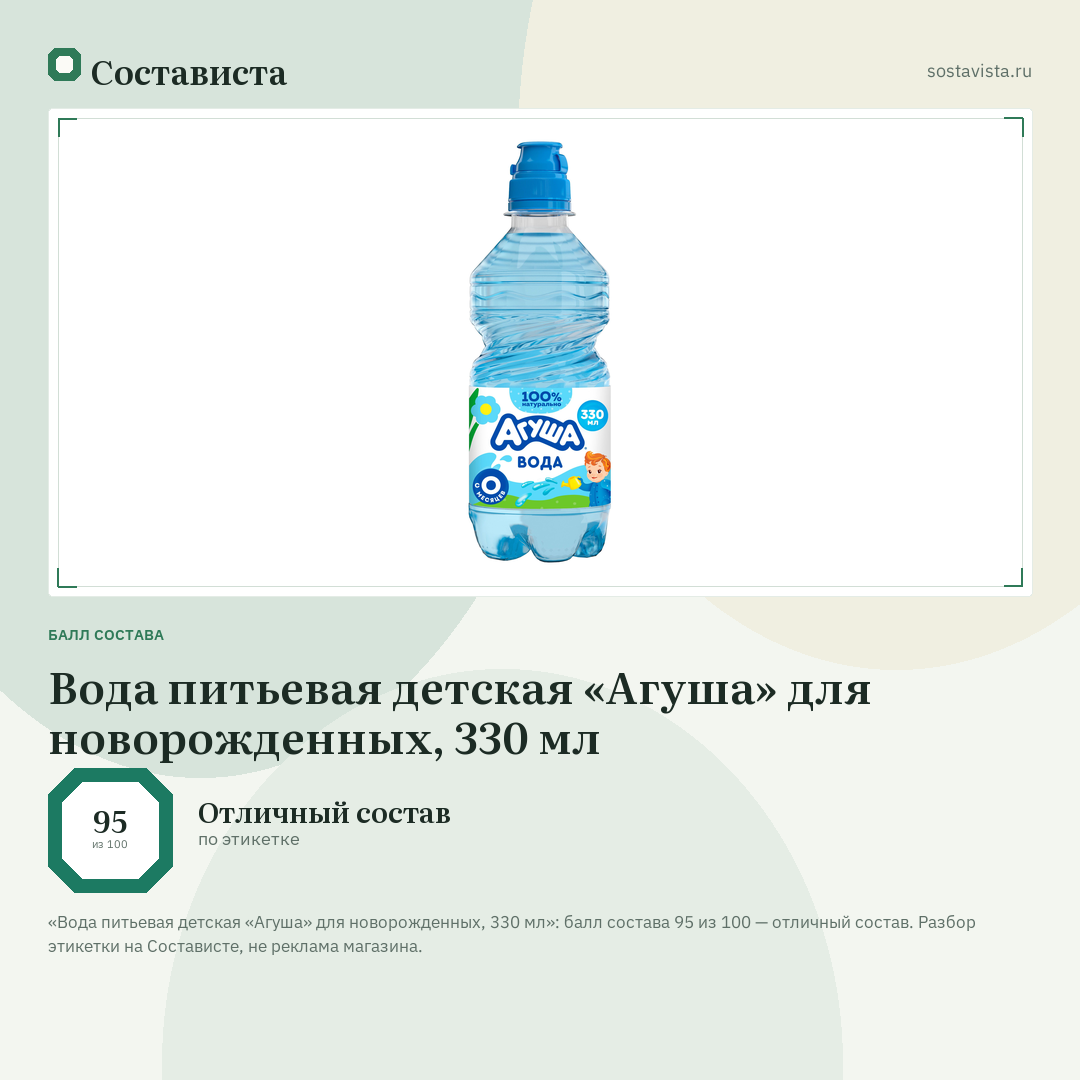 Вода питьевая детская «Агуша» для новорожденных, 330 мл: балл состава 95 из 100 — Состависта