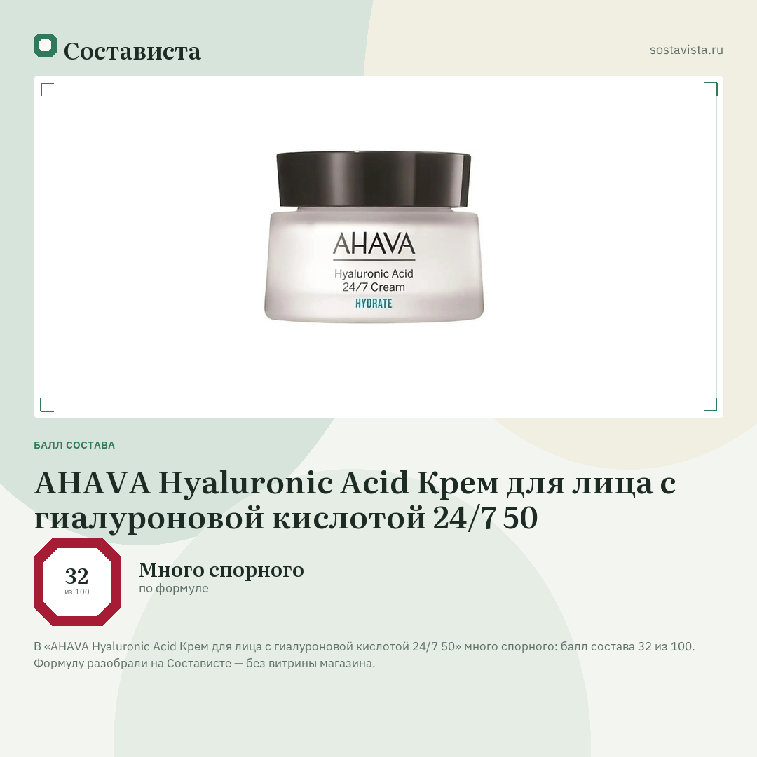 AHAVA Hyaluronic Acid Крем для лица с гиалуроновой кислотой 24/7 50: балл состава 32 из 100 — Состависта