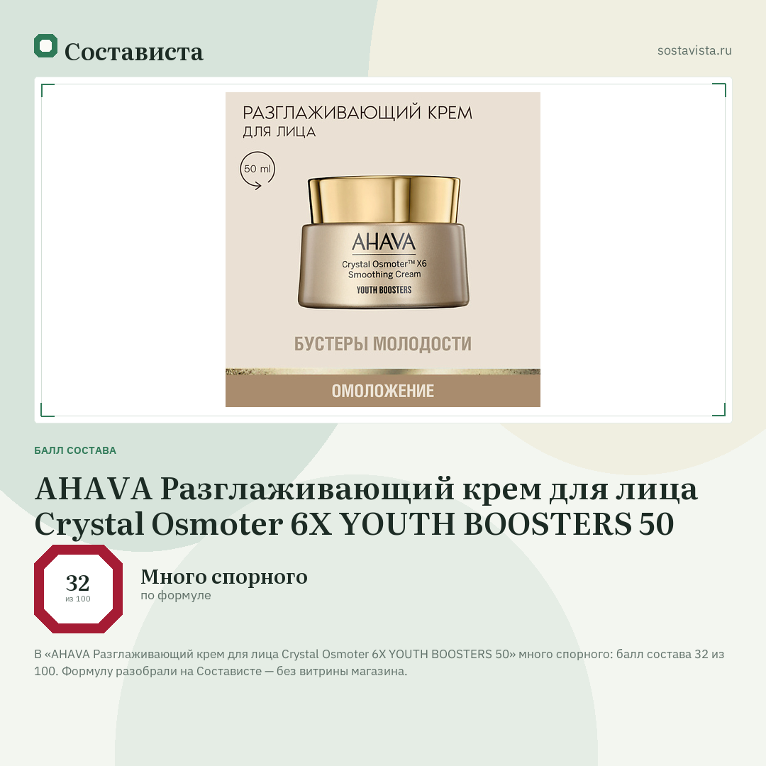 AHAVA Разглаживающий крем для лица Crystal Osmoter 6X YOUTH BOOSTERS 50: балл состава 32 из 100 — Состависта