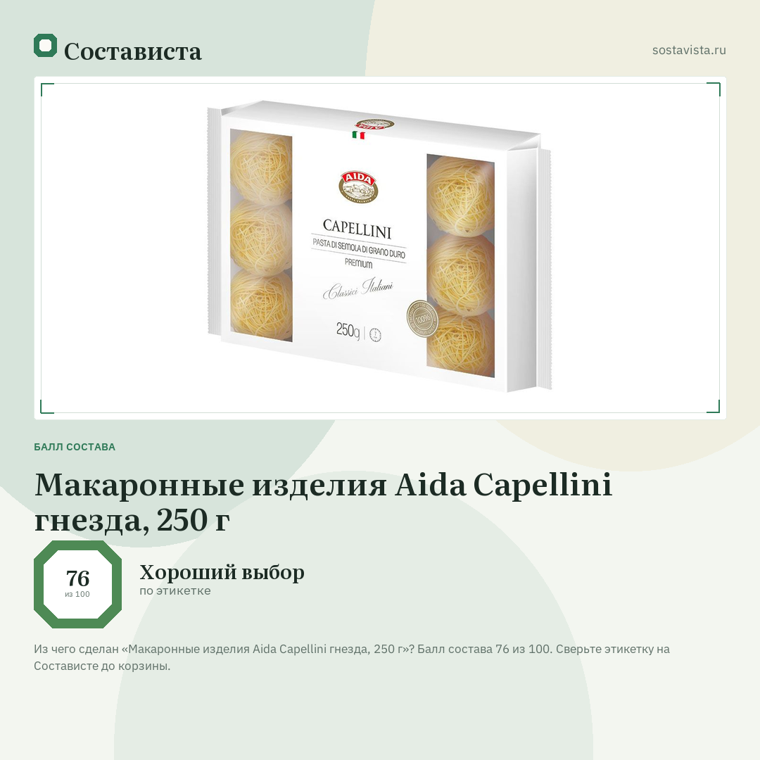 Макаронные изделия Aida Capellini гнезда, 250 г: балл состава 76 из 100 — Состависта