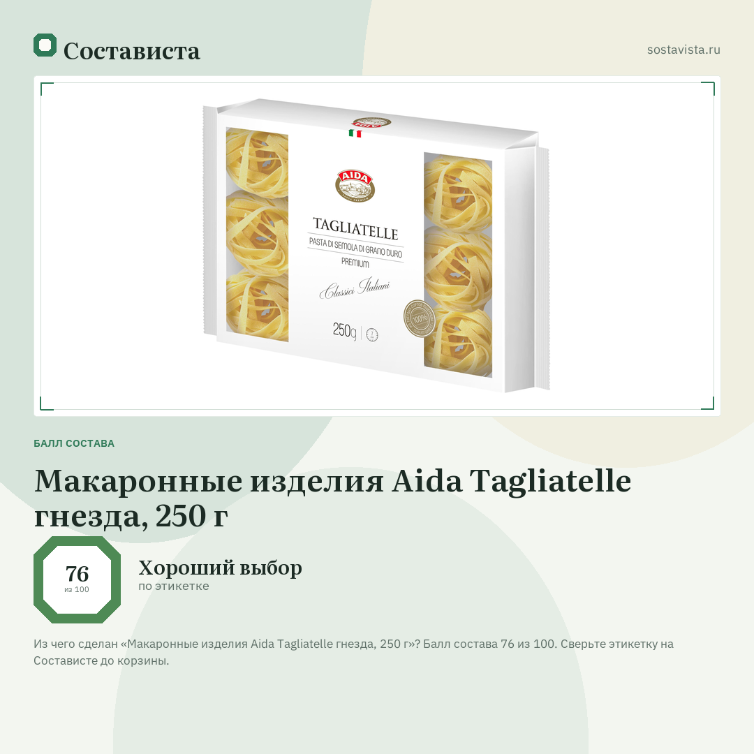 Макаронные изделия Aida Tagliatelle гнезда, 250 г: балл состава 76 из 100 — Состависта