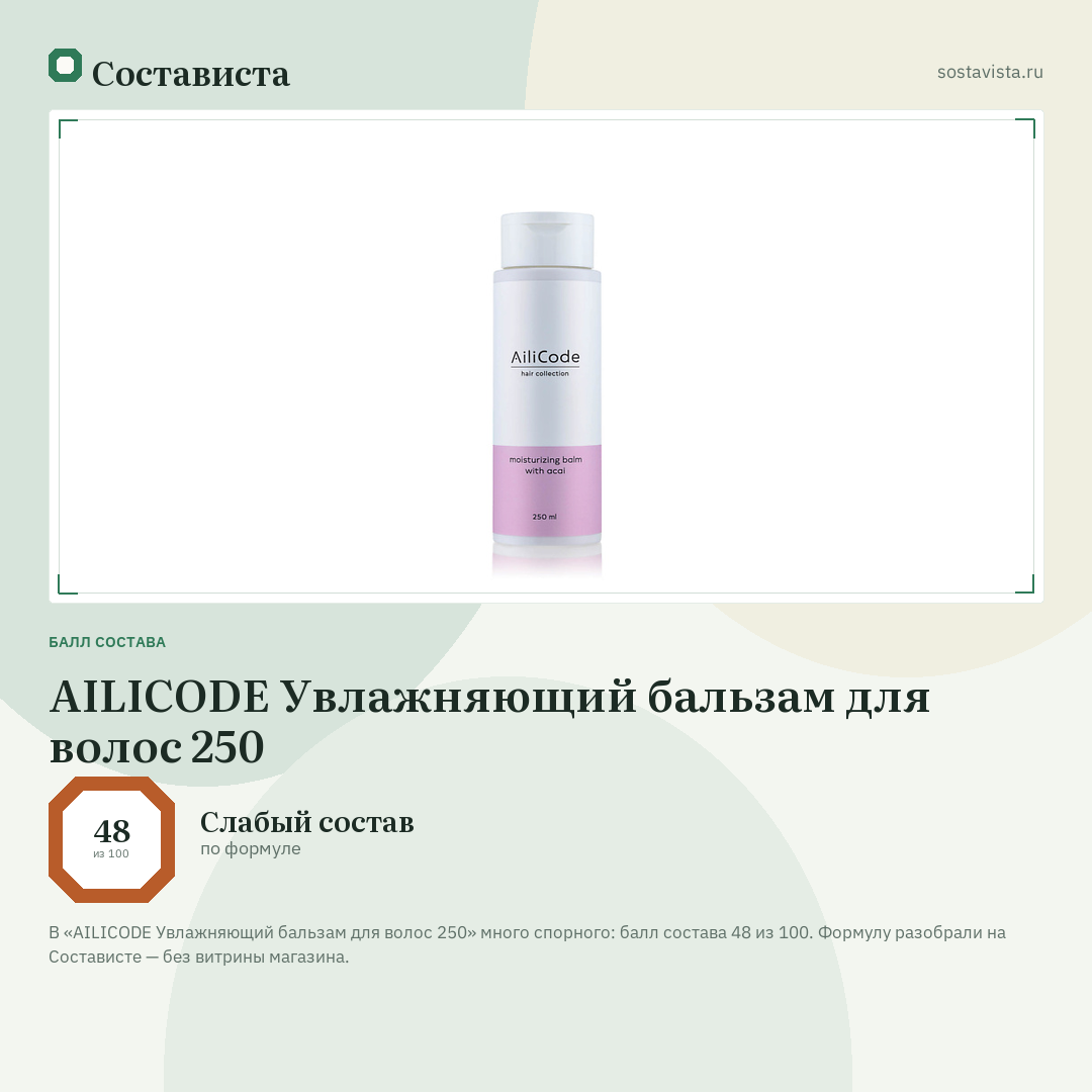 AILICODE Увлажняющий бальзам для волос 250: балл состава 48 из 100 — Состависта