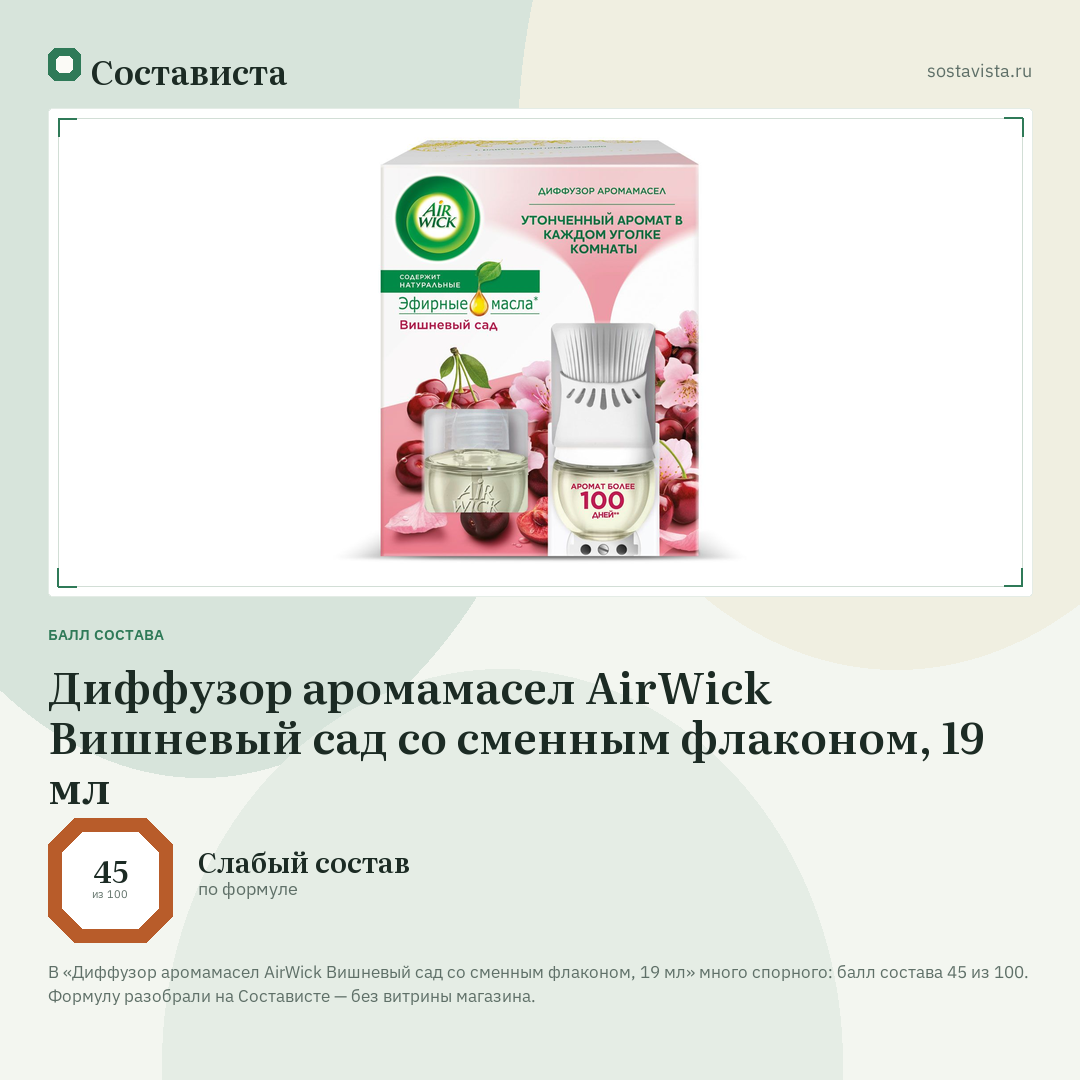Диффузор аромамасел AirWick Вишневый сад со сменным флаконом, 19 мл: балл состава 45 из 100 — Состависта