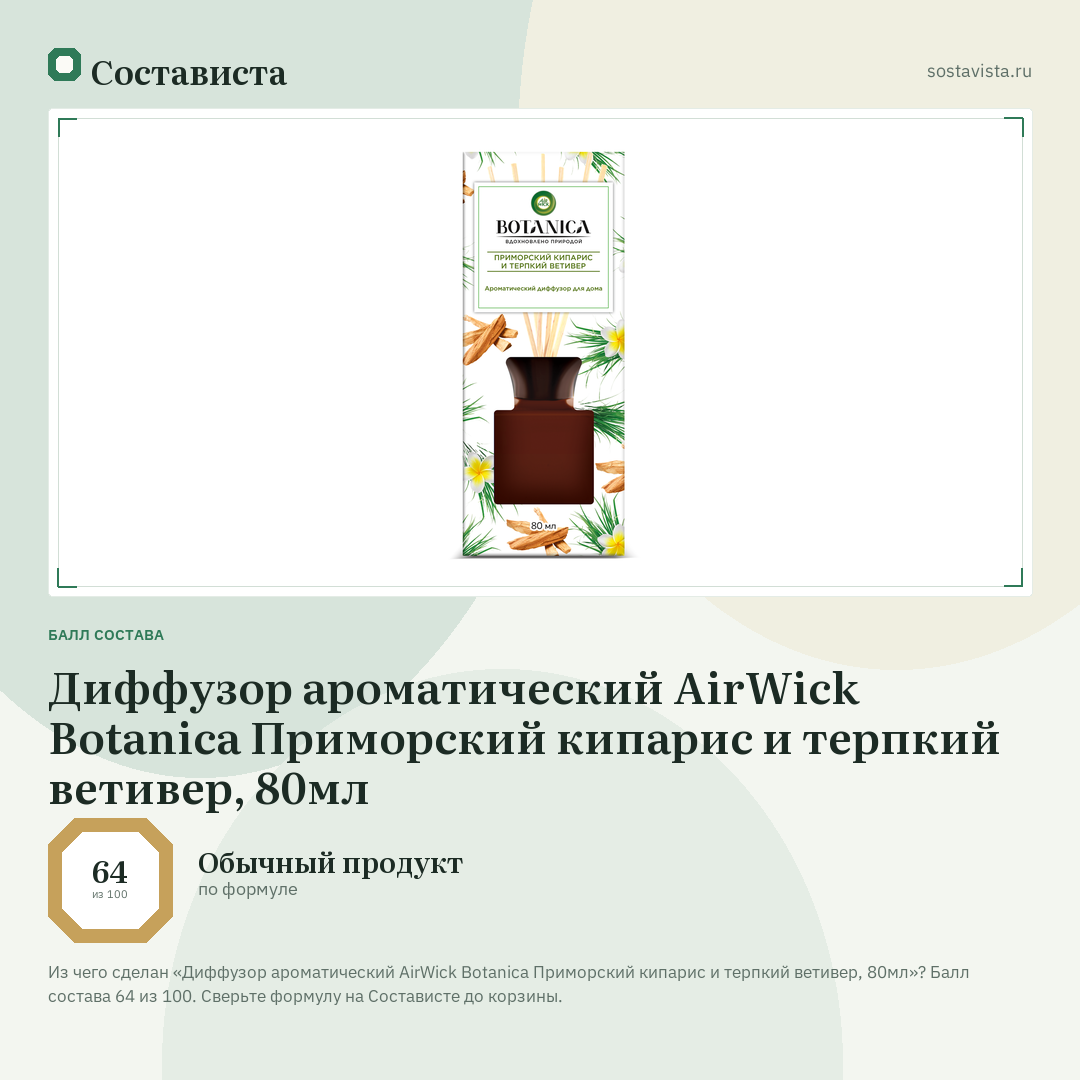Диффузор ароматический AirWick Botanica Приморский кипарис и терпкий ветивер, 80мл: балл состава 64 из 100 — Состависта
