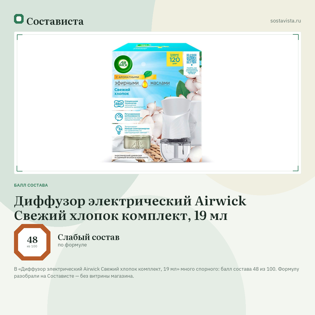 Диффузор электрический Airwick Свежий хлопок комплект, 19 мл: балл состава 48 из 100 — Состависта