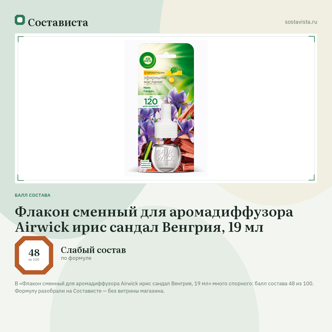Флакон сменный для аромадиффузора Airwick ирис сандал Венгрия, 19 мл: балл состава 48 из 100 — Состависта