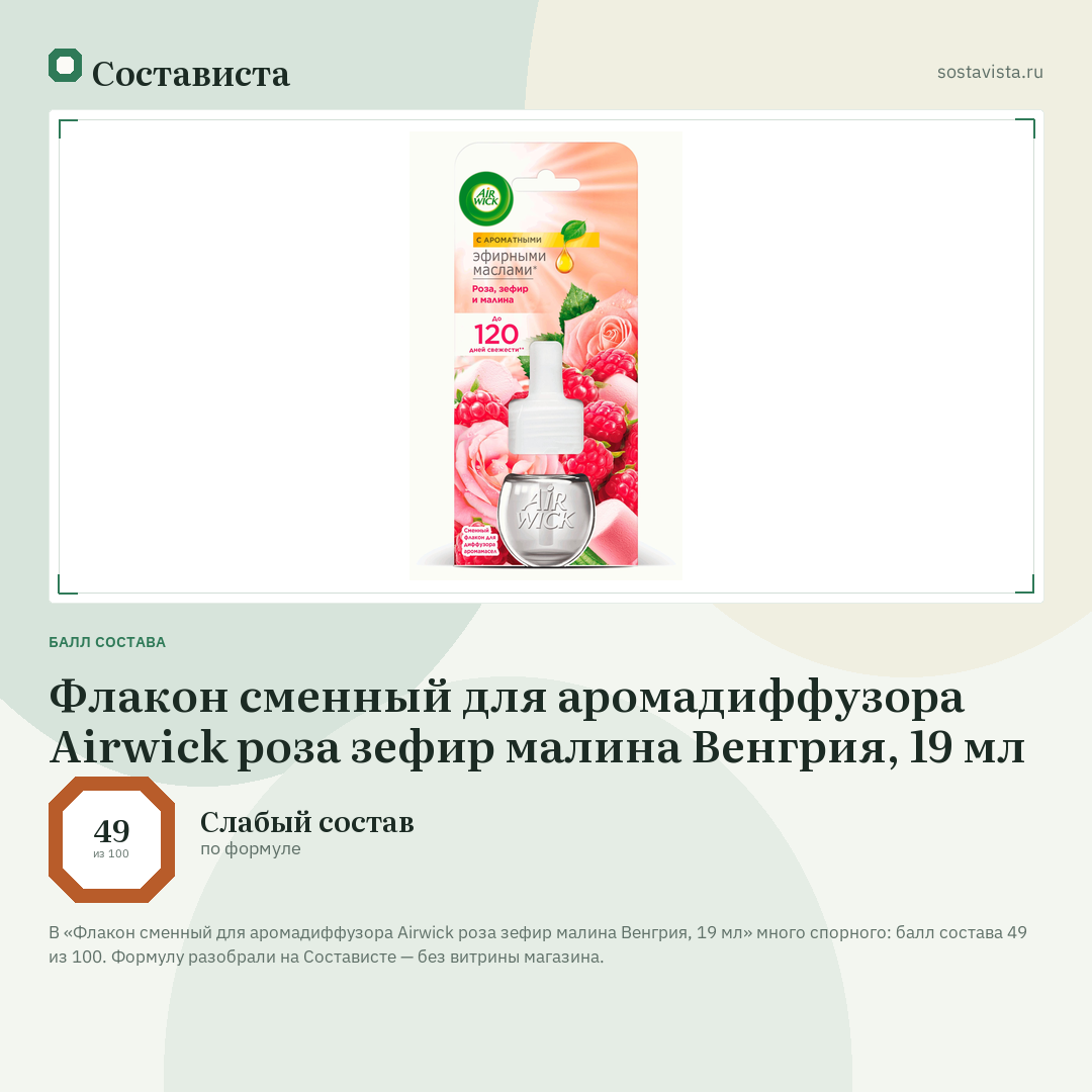 Флакон сменный для аромадиффузора Airwick роза зефир малина Венгрия, 19 мл: балл состава 49 из 100 — Состависта