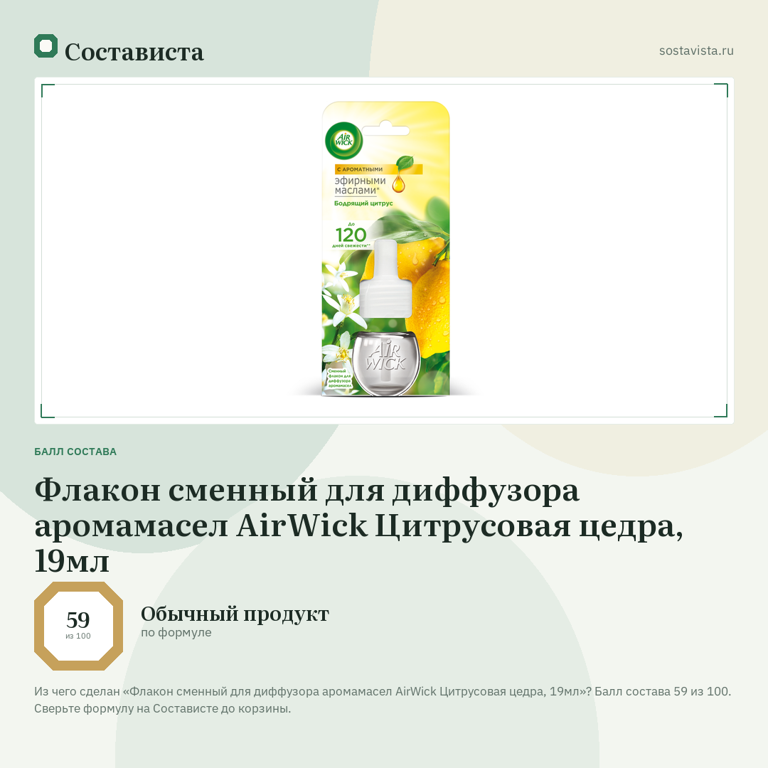 Флакон сменный для диффузора аромамасел AirWick Цитрусовая цедра, 19мл: балл состава 59 из 100 — Состависта