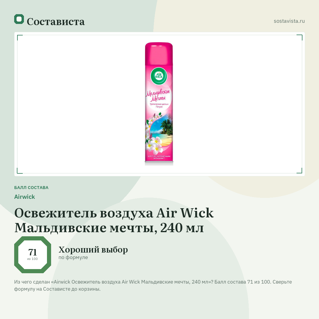 Airwick Освежитель воздуха Air Wick Мальдивские мечты, 240 мл: балл состава 71 из 100 — Состависта