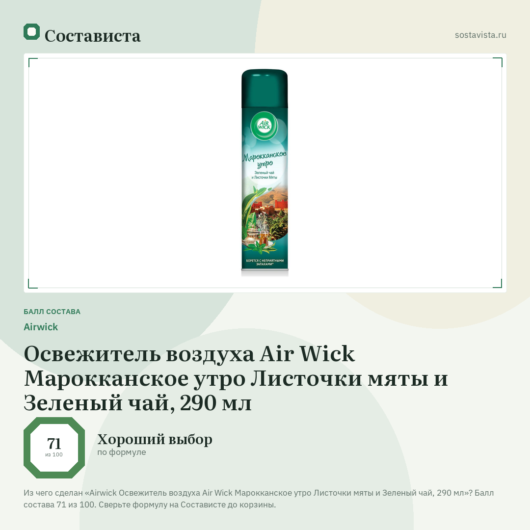Airwick Освежитель воздуха Air Wick Марокканское утро Листочки мяты и Зеленый чай, 290 мл: балл состава 71 из 100 — Состависта