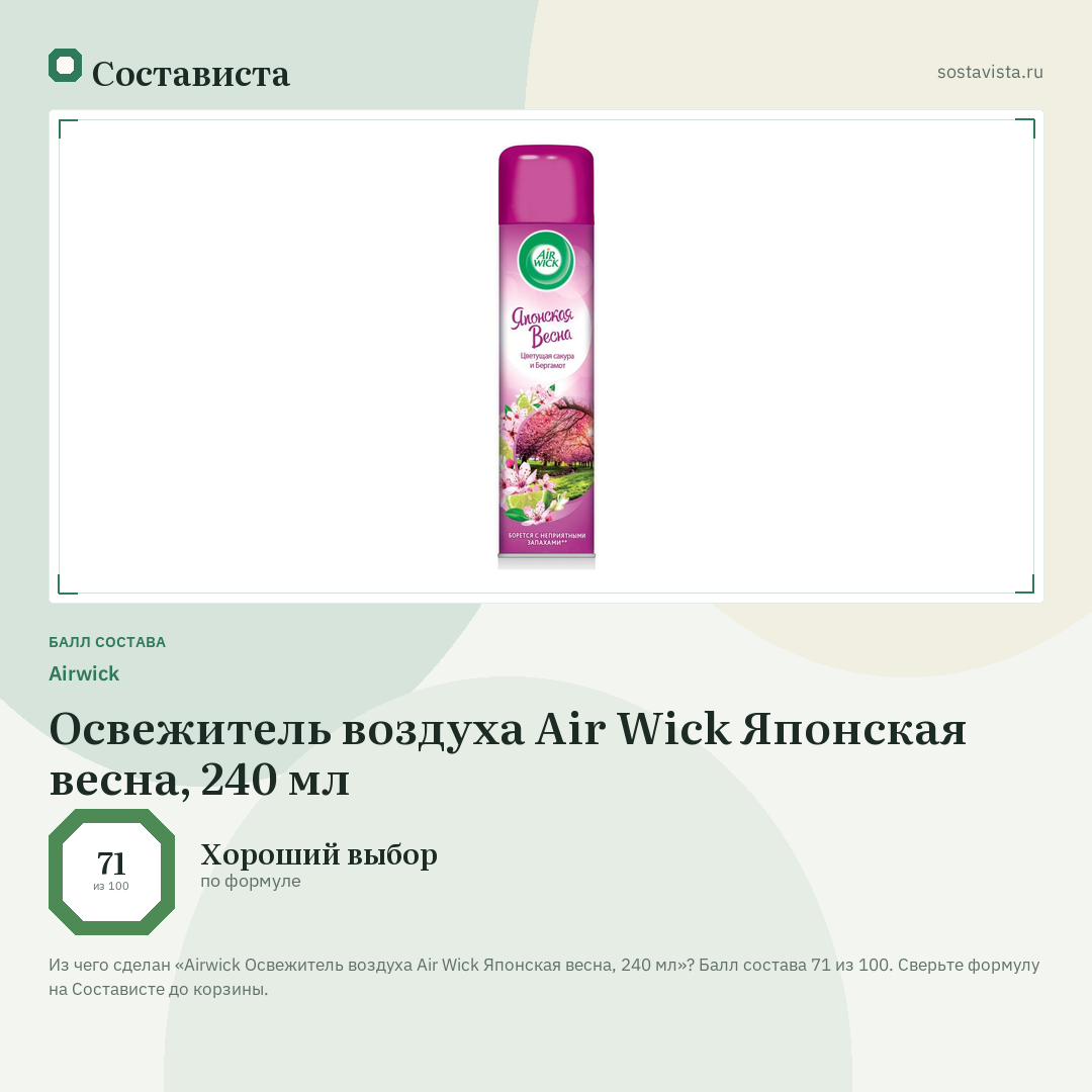 Airwick Освежитель воздуха Air Wick Японская весна, 240 мл: балл состава 71 из 100 — Состависта