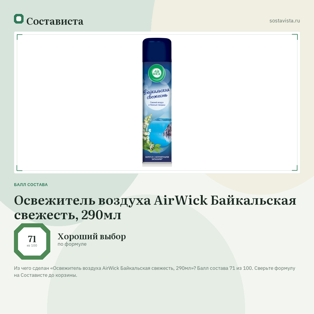 Освежитель воздуха AirWick Байкальская свежесть, 290мл: балл состава 71 из 100 — Состависта