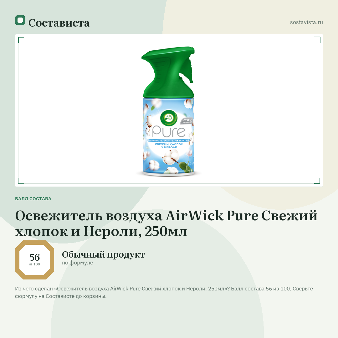 Освежитель воздуха AirWick Pure Свежий хлопок и Нероли, 250мл: балл состава 56 из 100 — Состависта