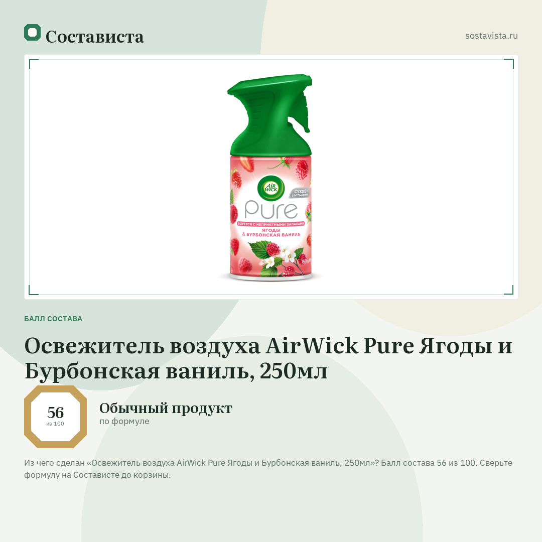 Освежитель воздуха AirWick Pure Ягоды и Бурбонская ваниль, 250мл: балл состава 56 из 100 — Состависта