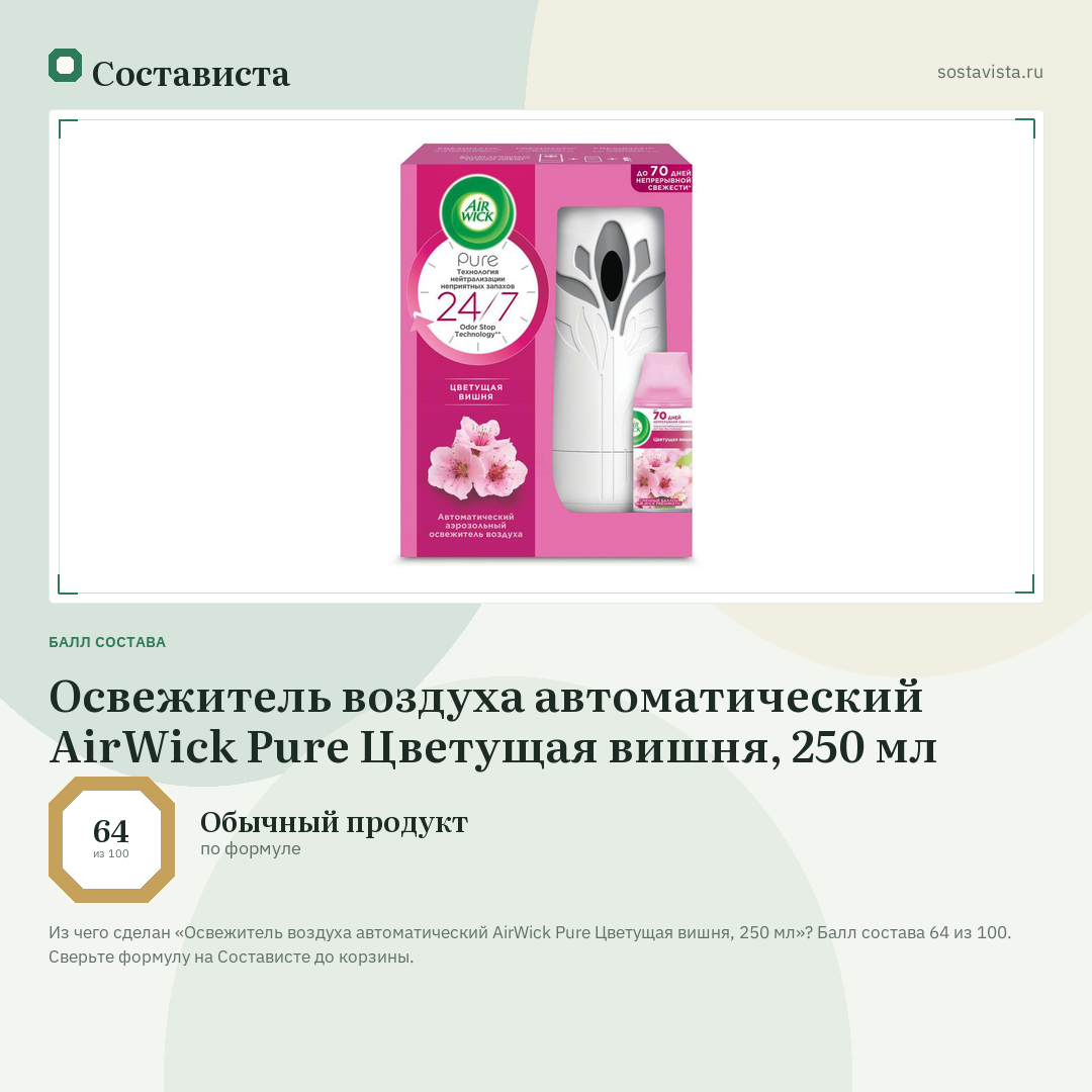 Освежитель воздуха автоматический AirWick Pure Цветущая вишня, 250 мл: балл состава 64 из 100 — Состависта