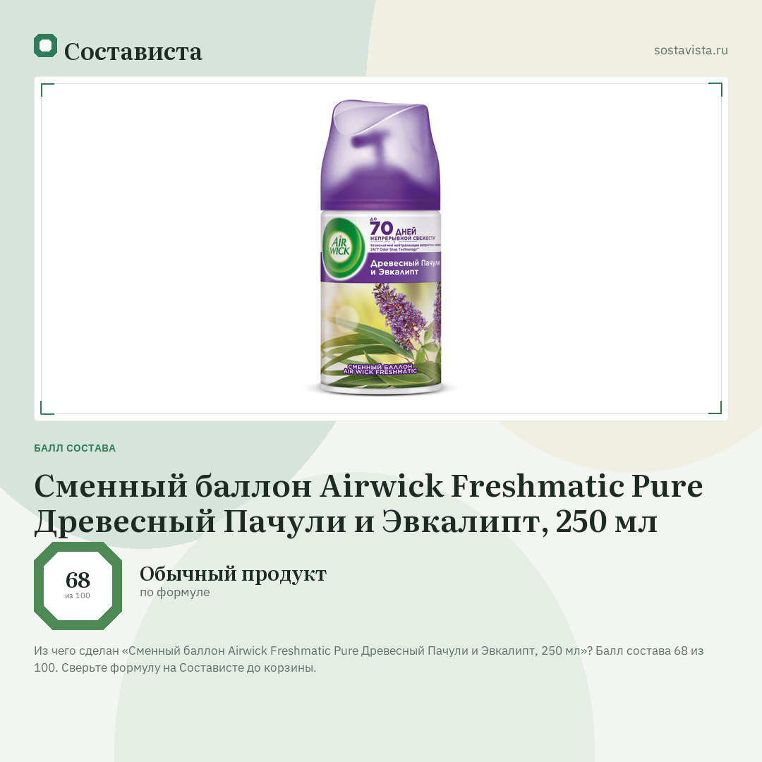 Сменный баллон Airwick Freshmatic Pure Древесный Пачули и Эвкалипт, 250 мл: балл состава 68 из 100 — Состависта