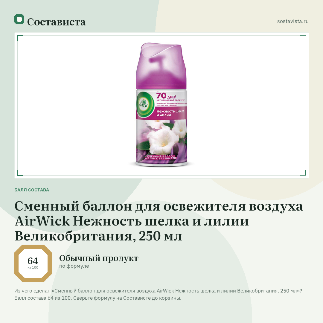Сменный баллон для освежителя воздуха AirWick Нежность шелка и лилии Великобритания, 250 мл: балл состава 64 из 100 — Состависта