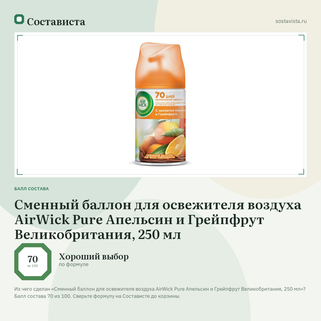 Сменный баллон для освежителя воздуха AirWick Pure Апельсин и Грейпфрут Великобритания, 250 мл: балл состава 70 из 100 — Состависта