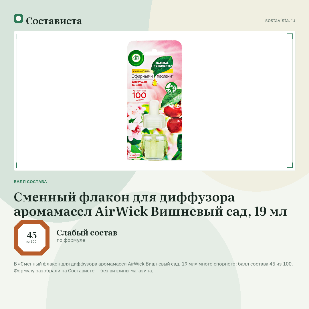 Сменный флакон для диффузора аромамасел AirWick Вишневый сад, 19 мл: балл состава 45 из 100 — Состависта