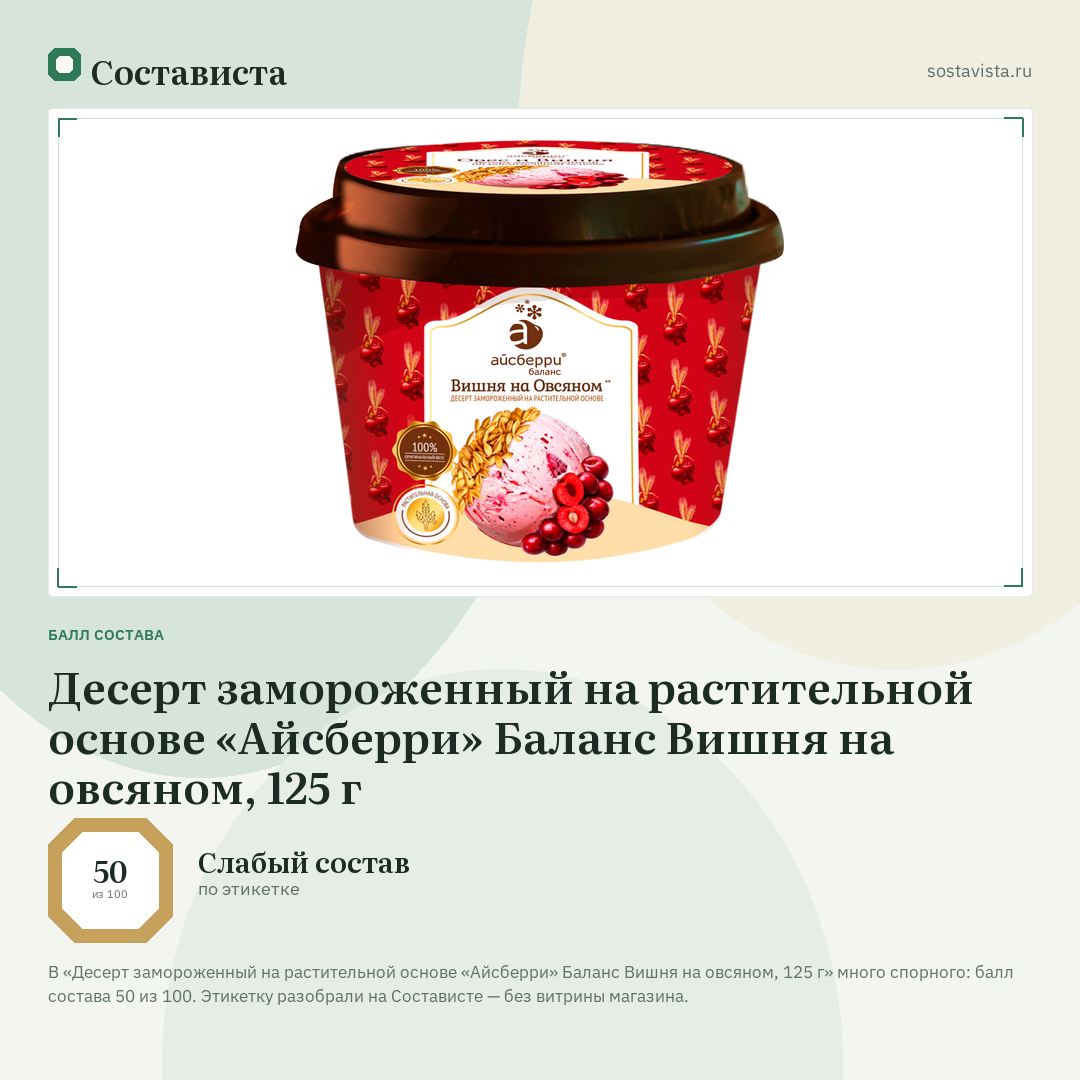 Десерт замороженный на растительной основе «Айсберри» Баланс Вишня на овсяном, 125 г: балл состава 50 из 100 — Состависта