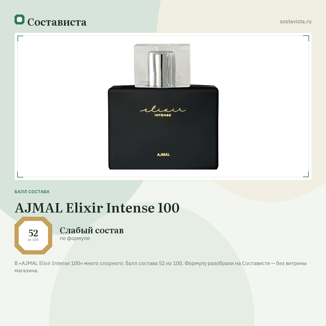 AJMAL Elixir Intense 100: балл состава 52 из 100 — Состависта
