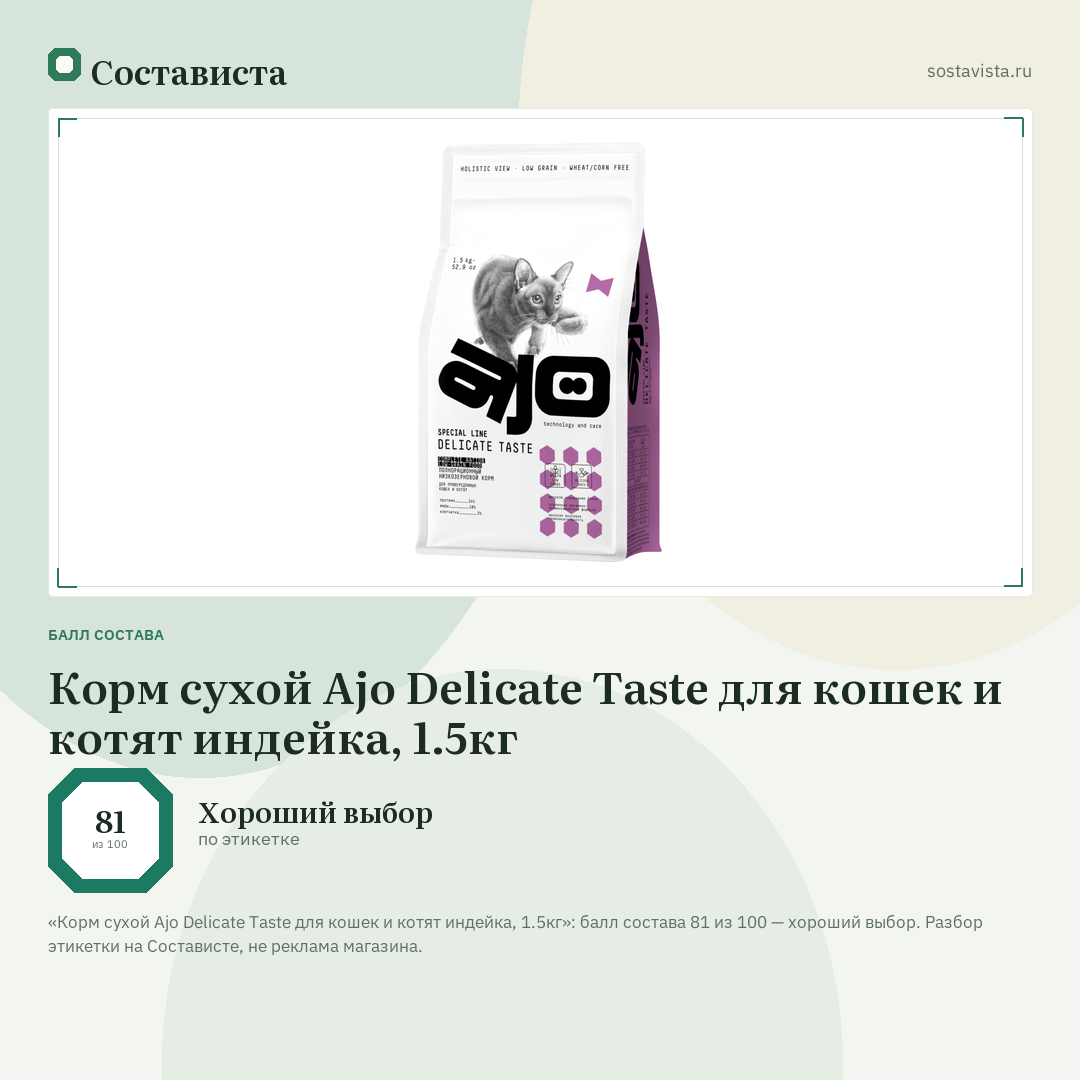 Корм сухой Ajo Delicate Taste для кошек и котят индейка, 1.5кг: балл состава 81 из 100 — Состависта