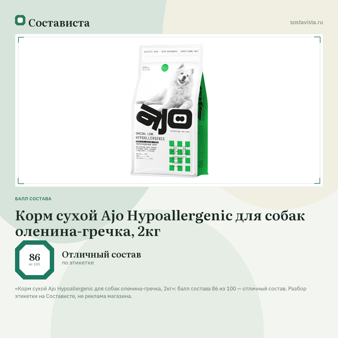 Корм сухой Ajo Hypoallergenic для собак оленина-гречка, 2кг: балл состава 86 из 100 — Состависта