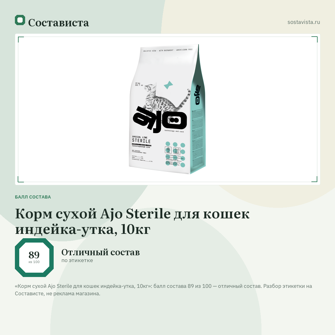 Корм сухой Ajo Sterile для кошек индейка-утка, 10кг: балл состава 89 из 100 — Состависта