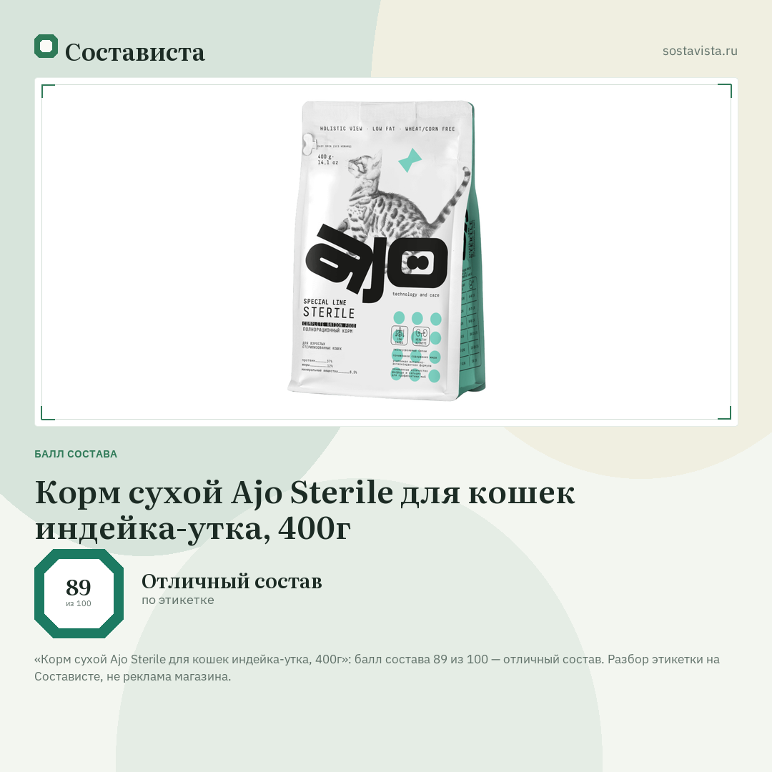 Корм сухой Ajo Sterile для кошек индейка-утка, 400г: балл состава 89 из 100 — Состависта