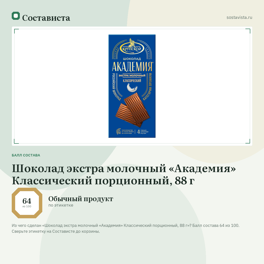 Шоколад экстра молочный «Академия» Классический порционный, 88 г: балл состава 64 из 100 — Состависта