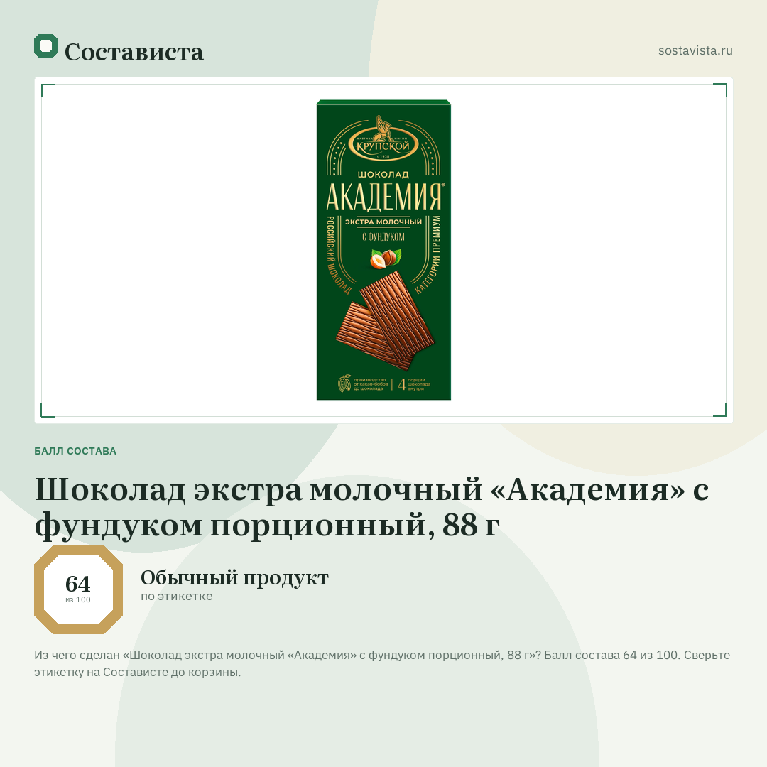 Шоколад экстра молочный «Академия» с фундуком порционный, 88 г: балл состава 64 из 100 — Состависта